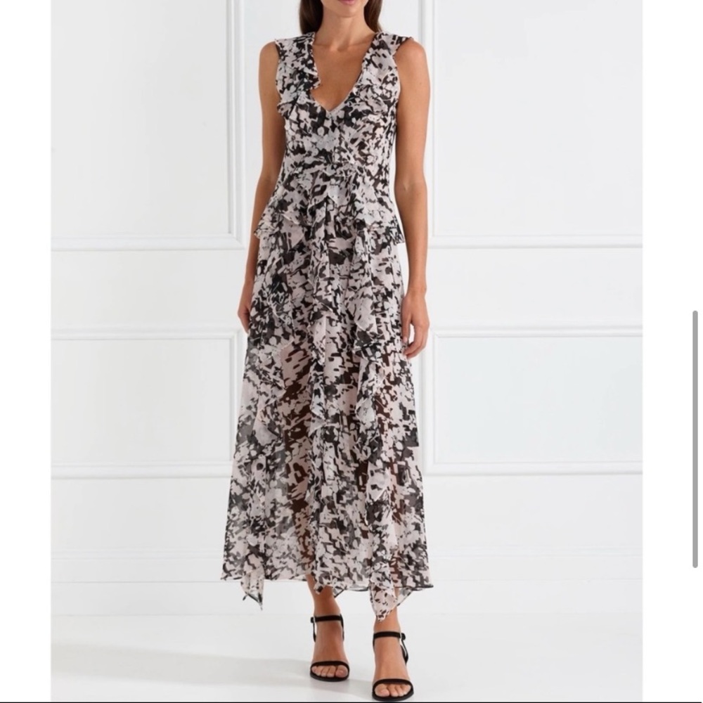 Misa Los Angeles Black and White Floral Ruffle Maxi Dress